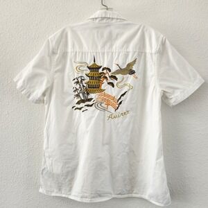 🔥Rare AVIREX Japanese Souvenir Shirt Mens White Pagoda Crane Button Down MED